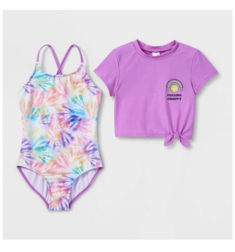 Cat & Jack Tie Dye Groovy Strappy One Piece Swimsuit Rashguard Set Size L 10/12